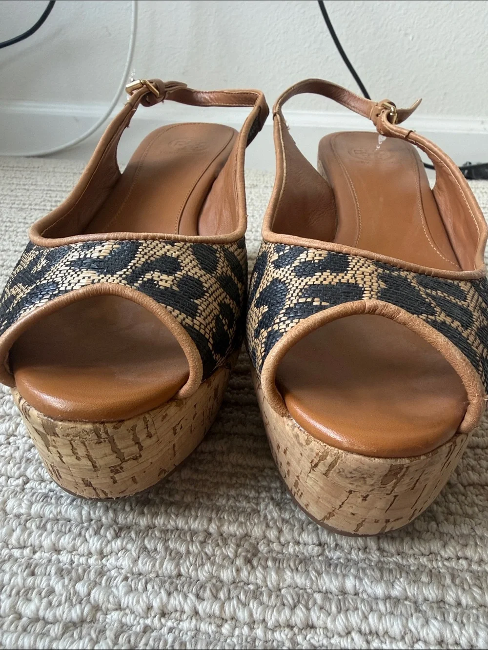 Tory Burch Leopard Print Cork Wedge Slingback Sandals - Tan/Black